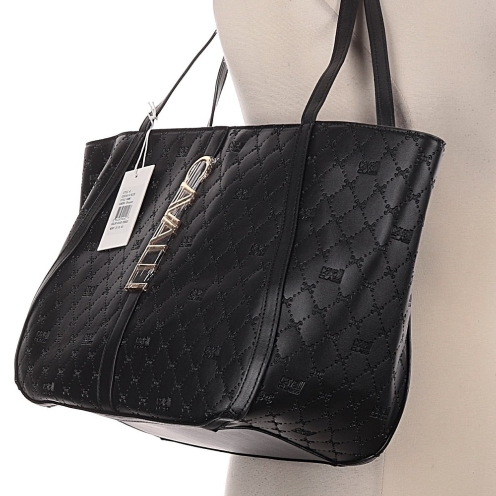 NWT Cavalli Class Huge Black Quilted Logo Tote Vegan Leather